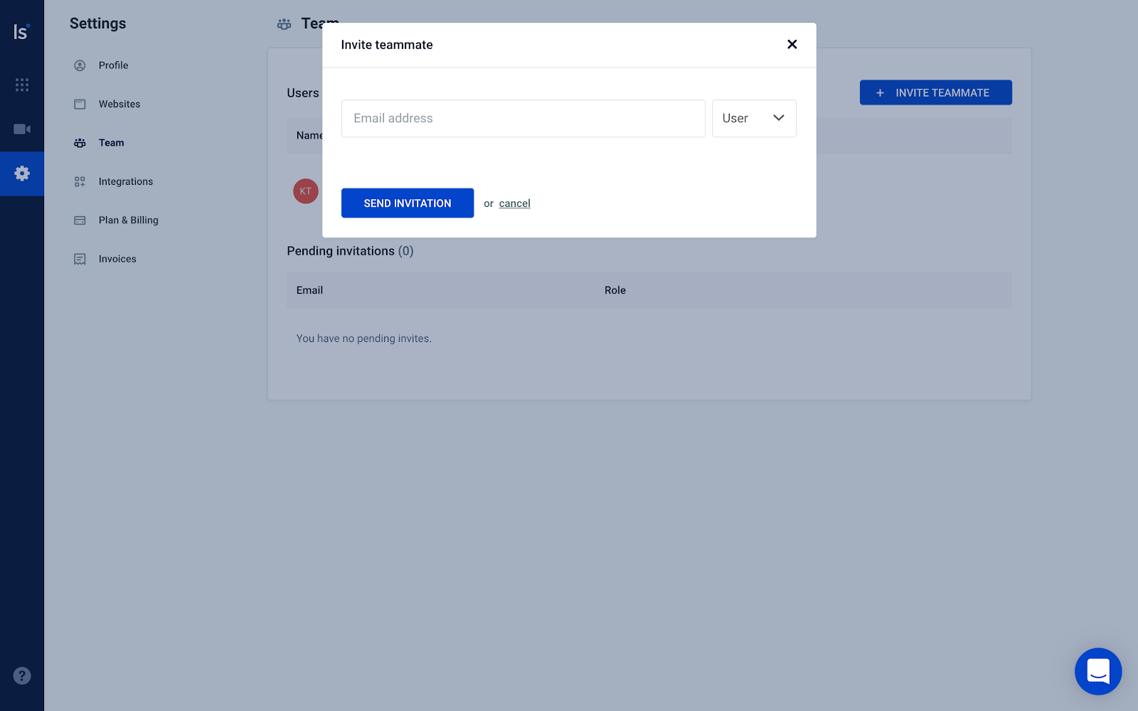 Send invitation Invite teammate