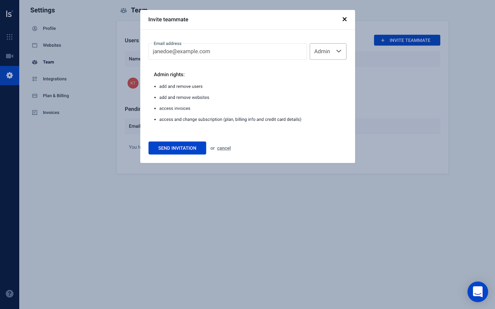 Send invitation Choose role and fill an email address