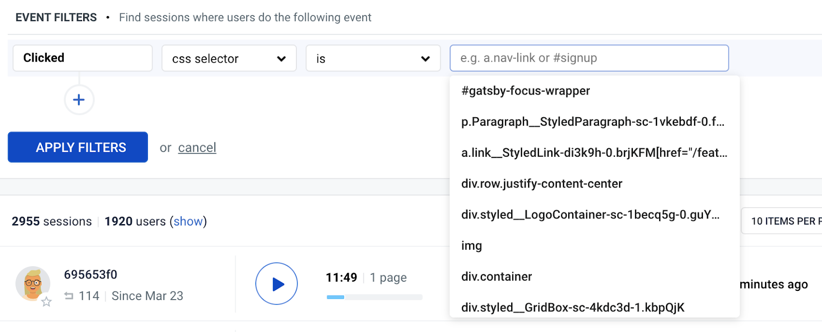 Autocomplete for event filters Autocomplete filters
