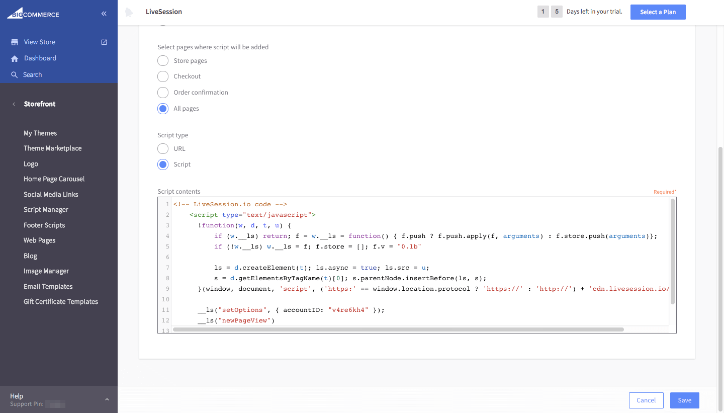 Paste code into script input and save BigCommmerce integration