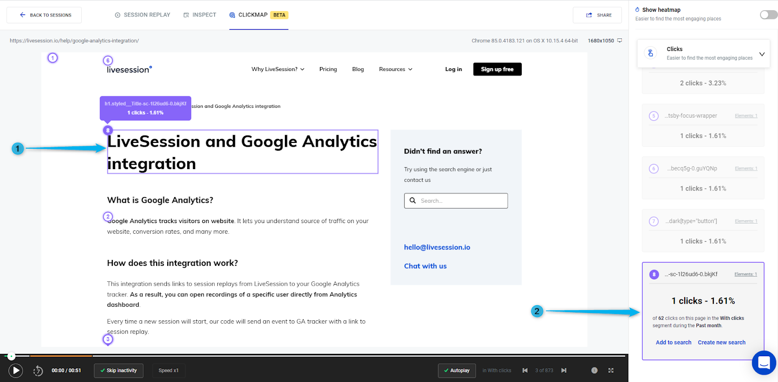 See the number of clicks LiveSession App - Clickmap - click count