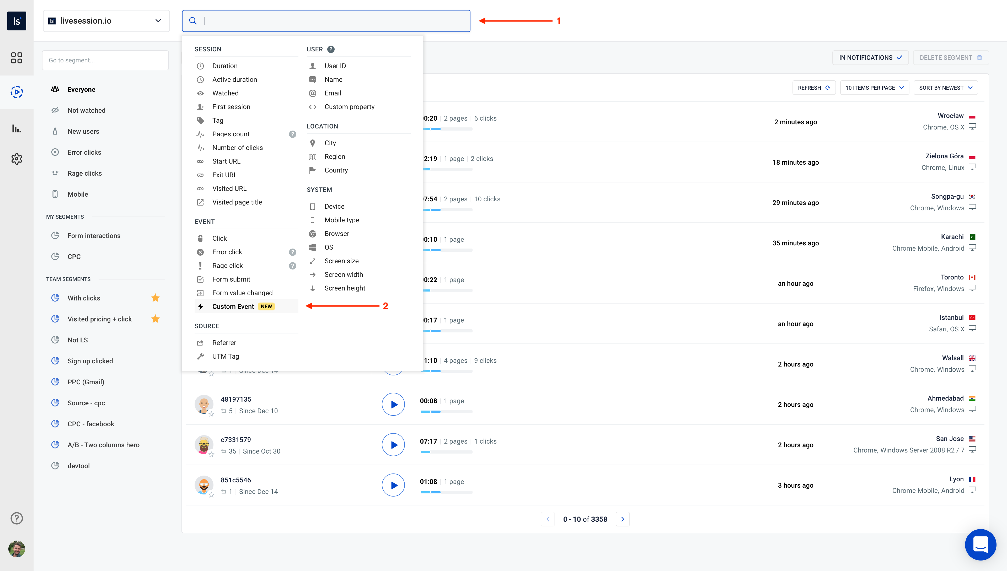 Get to Custom Events LiveSession App - Custom Events