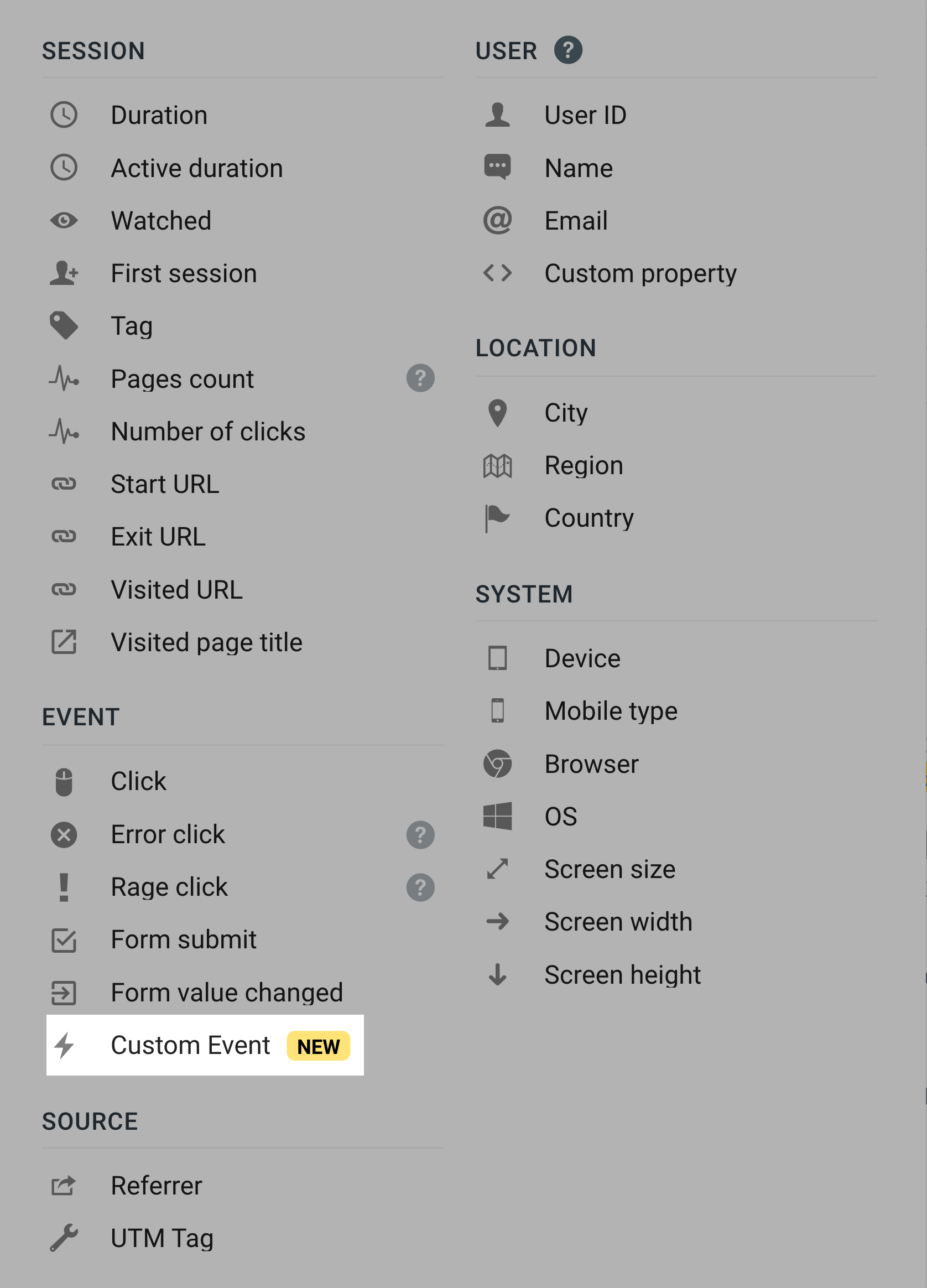 Custom Events in filters Custom Events - filters list