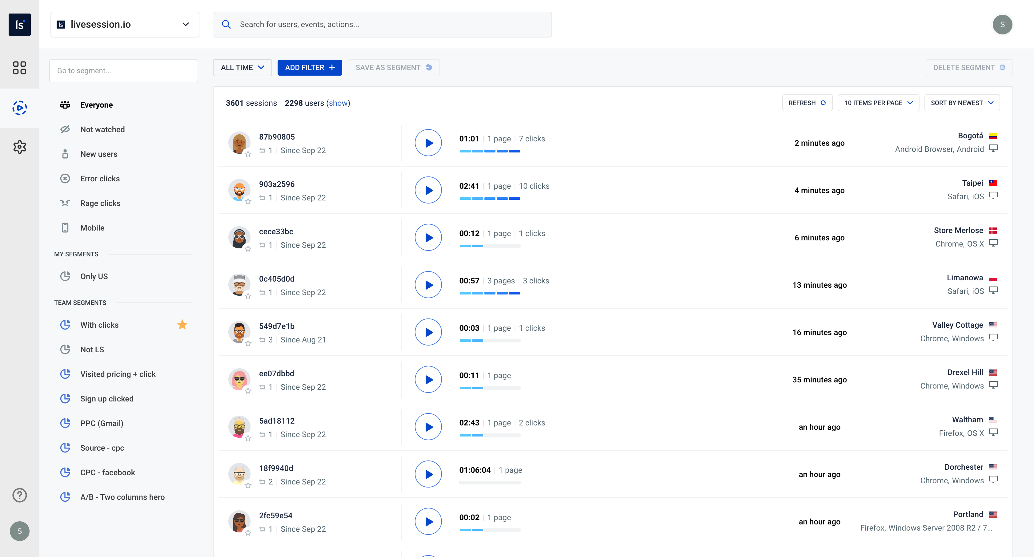 App dashboard LiveSession App - dashboard