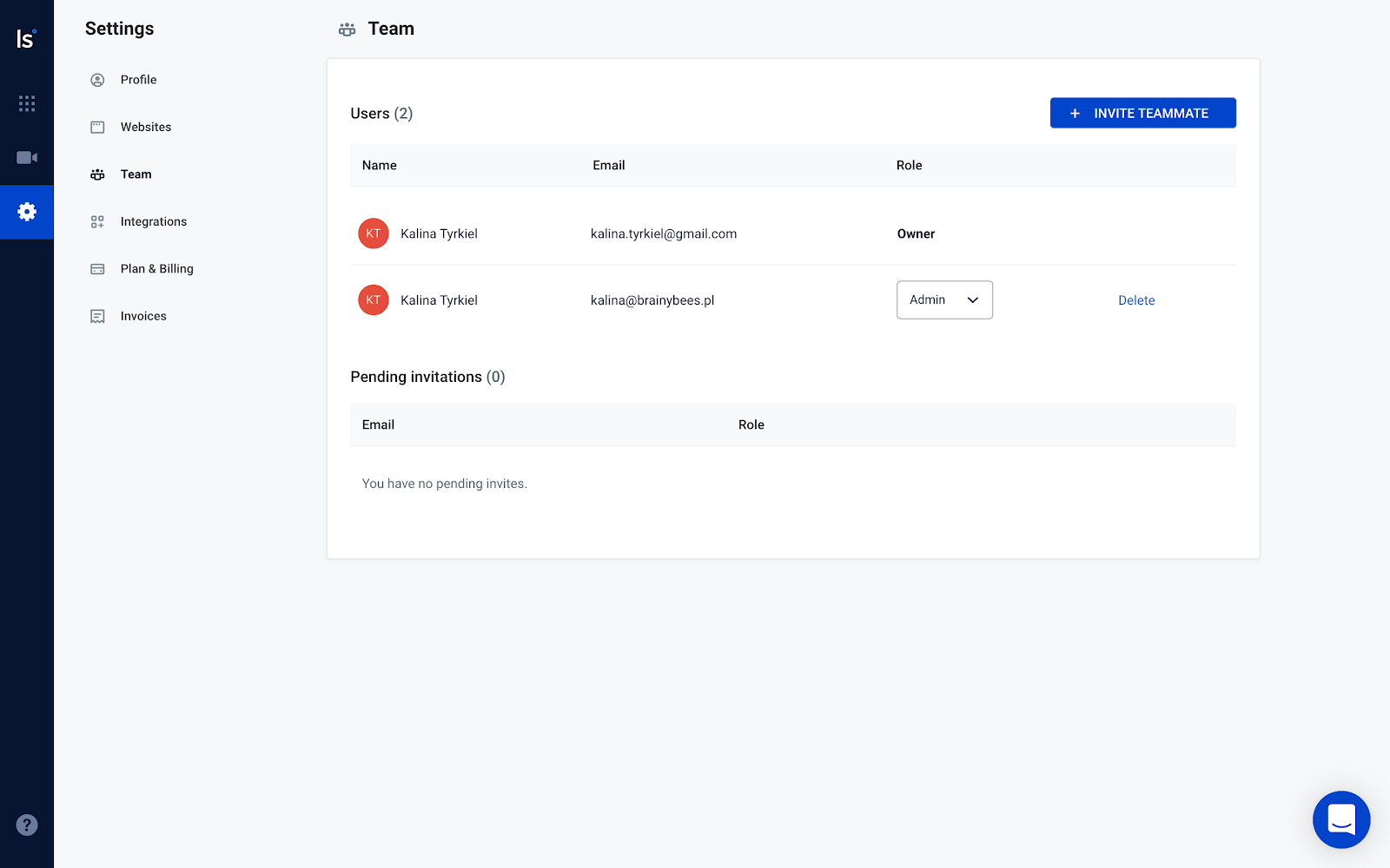 Team tab - list of users Edit roles