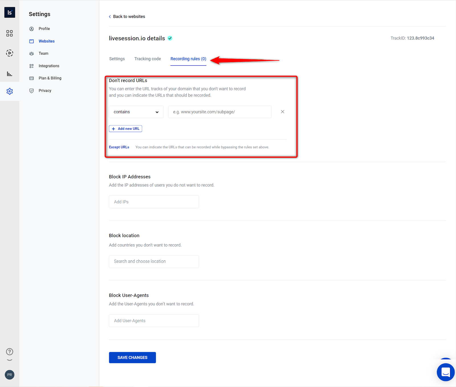 Click on Don’t record Click on Don’t record URLs to write web address you wish to exclude