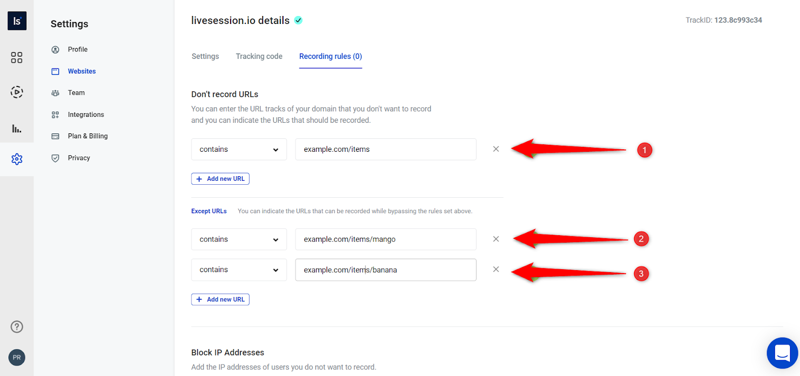 Except URLs Indicate URs that can be recorded despite set rules