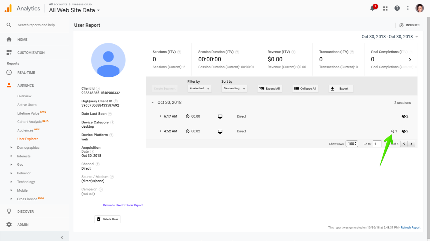 Find event on actions list and expand details Google Analytics intergration
