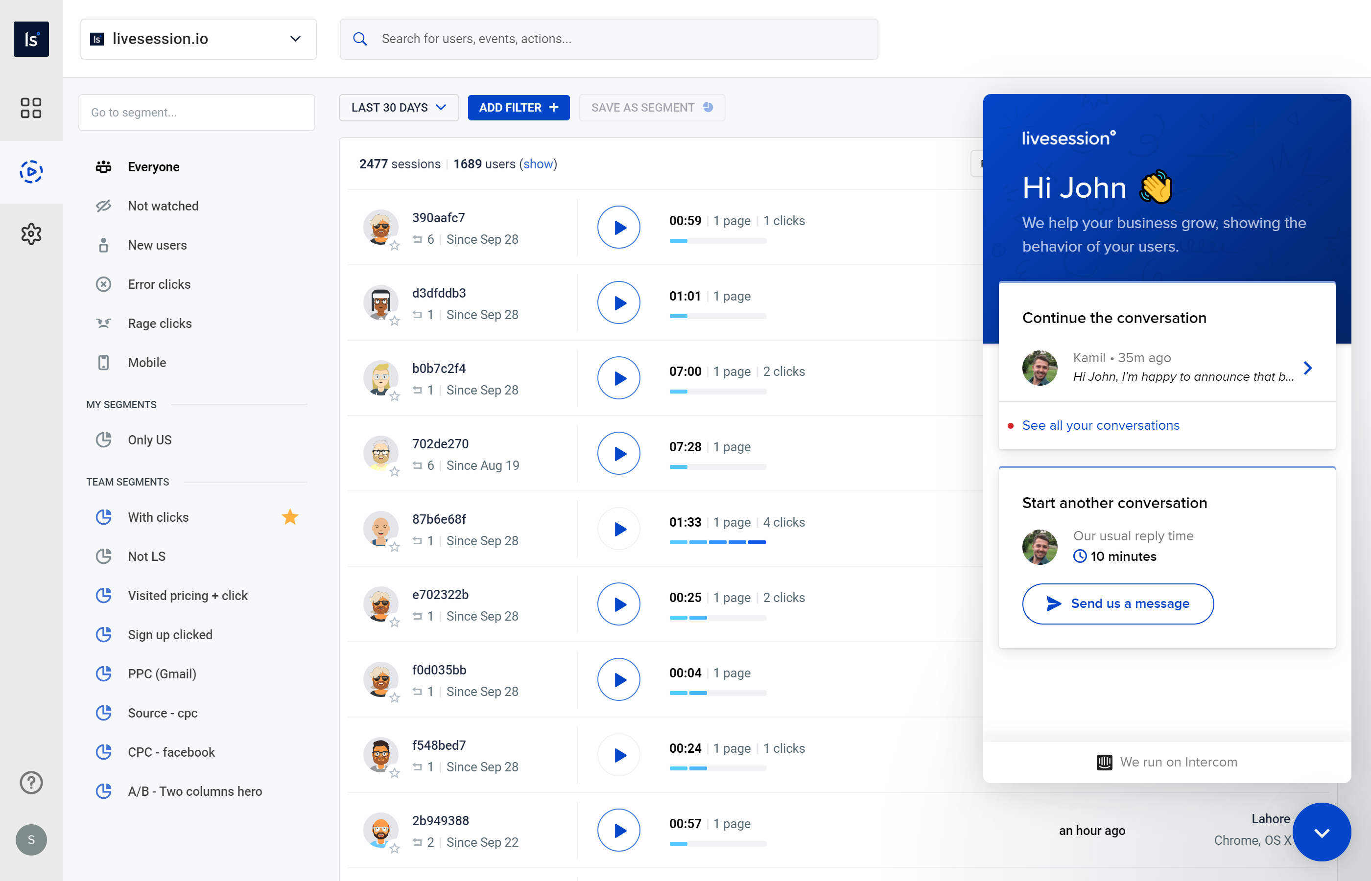 Live chat LiveSession App - Intercom