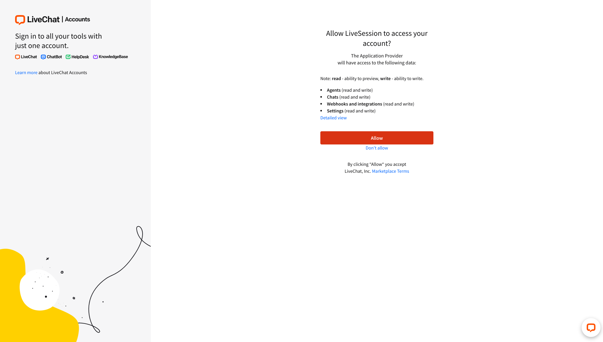 Authorize LiveChat access LiveChat integration
