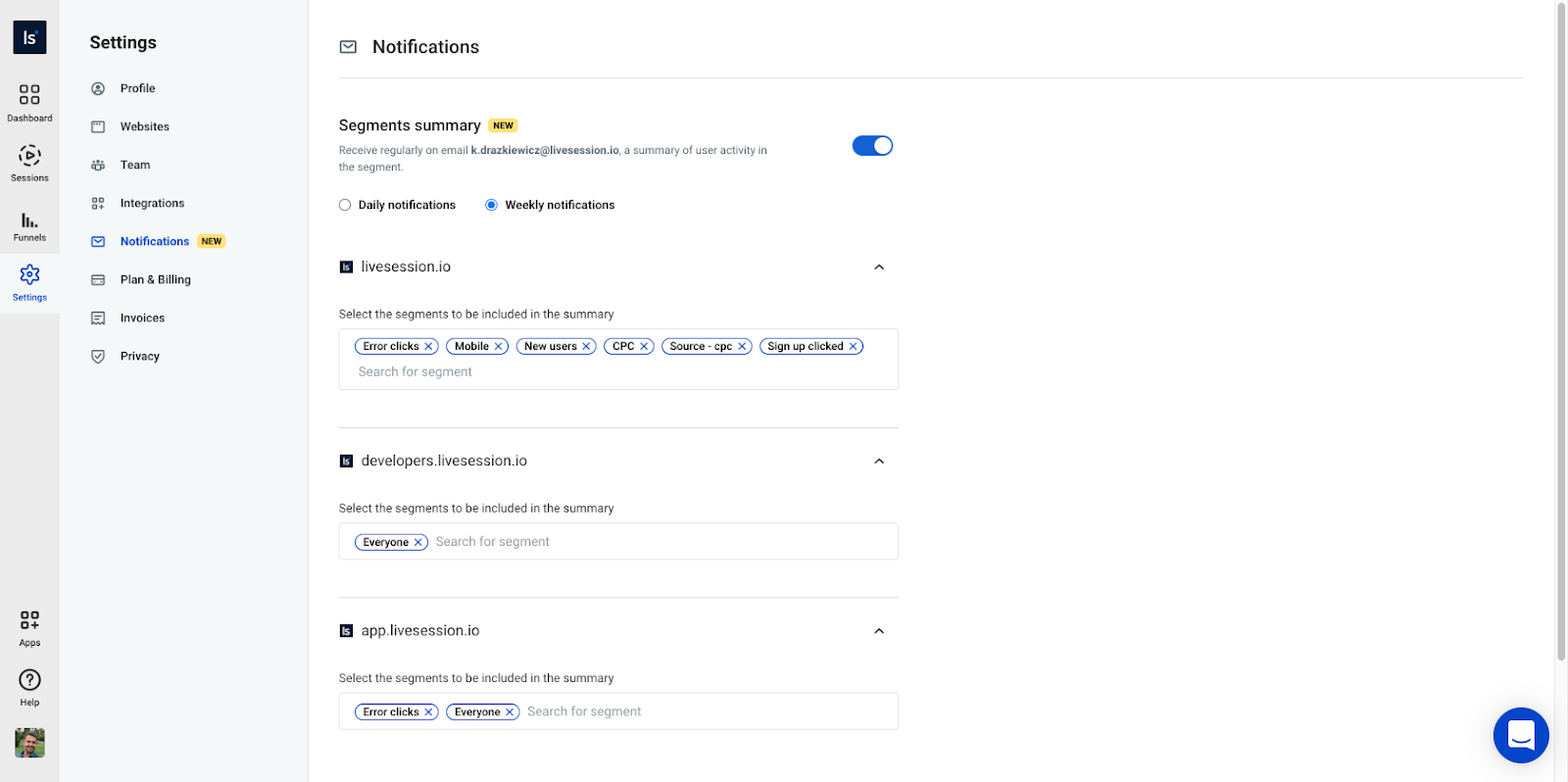Segments summary settings Notifications in settings
