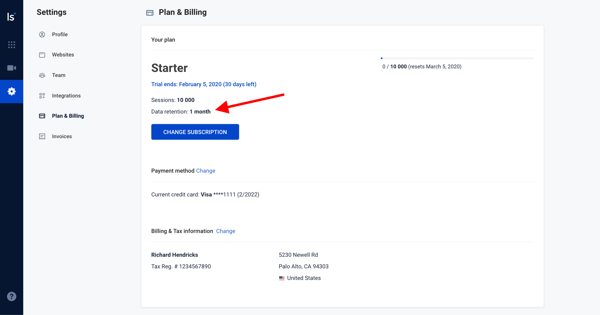 Check your data retention Plan & Billing - data retention
