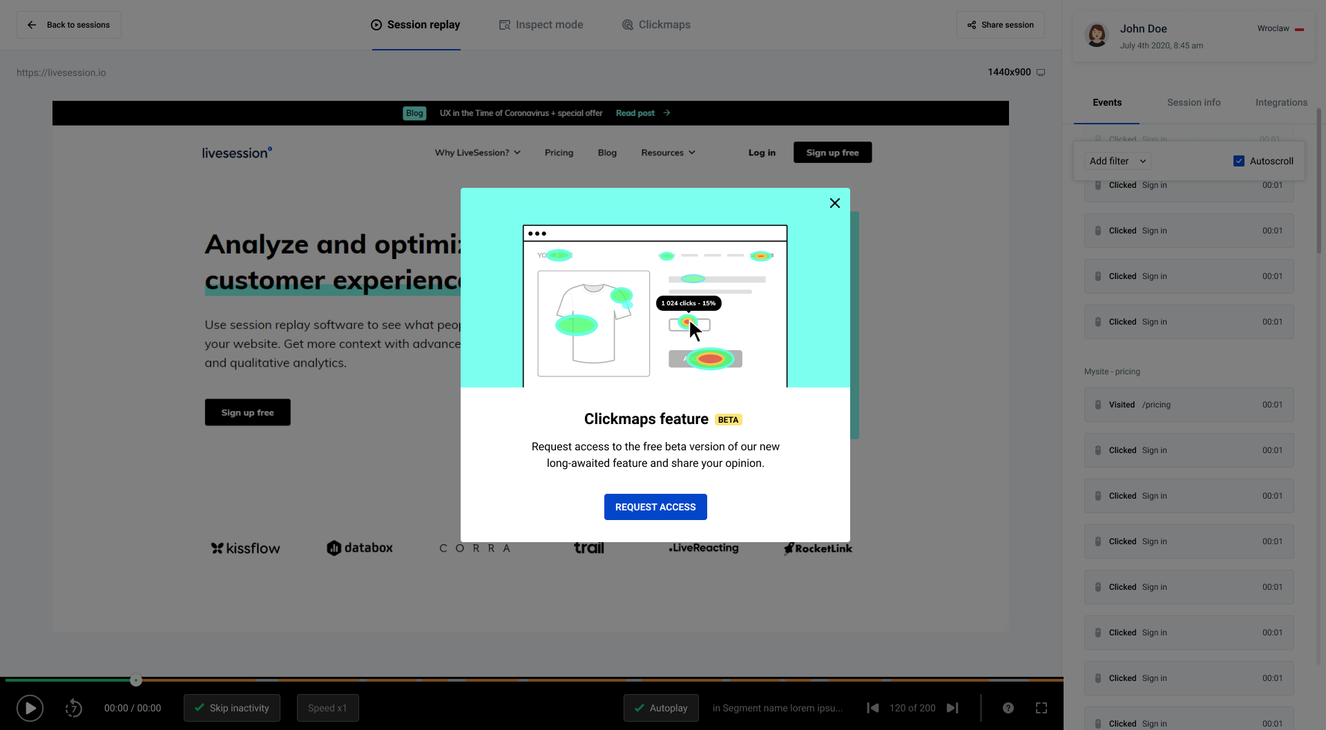 Clickmaps popup LiveSession App - Clickmaps feature