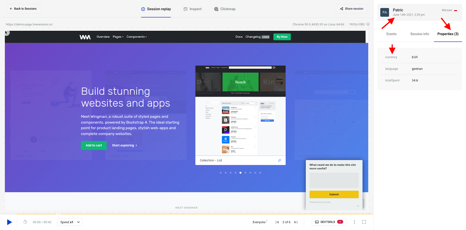 Result in session replay player Adding custom properties and identify users