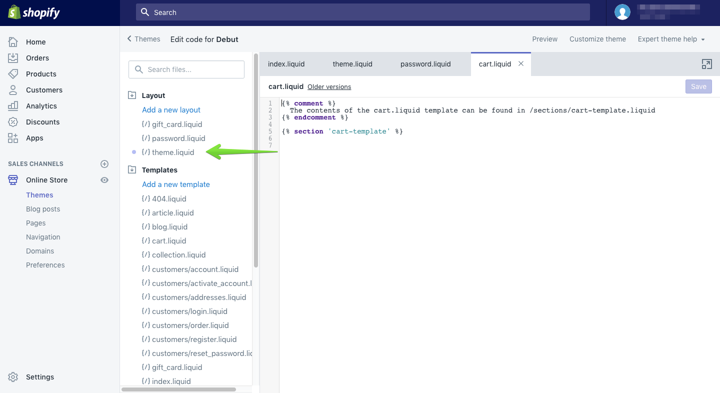Open theme.liquid file Shopify integration