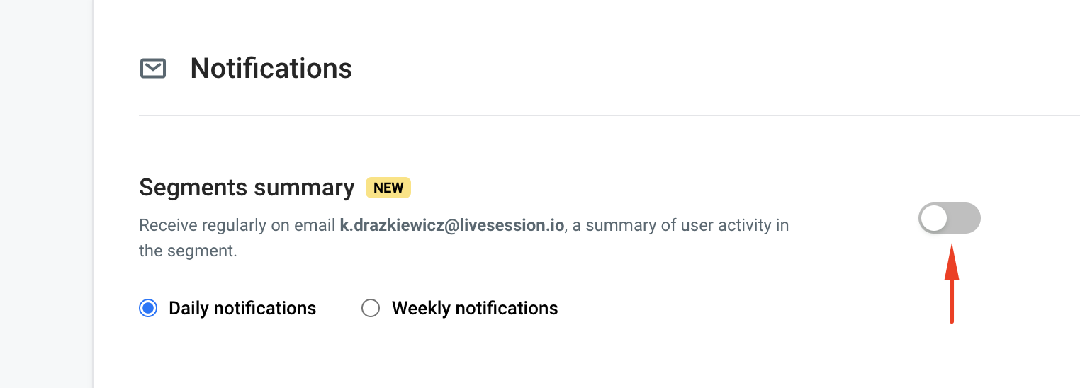 Turn off segments notifications LiveSession App - turn off segments summary