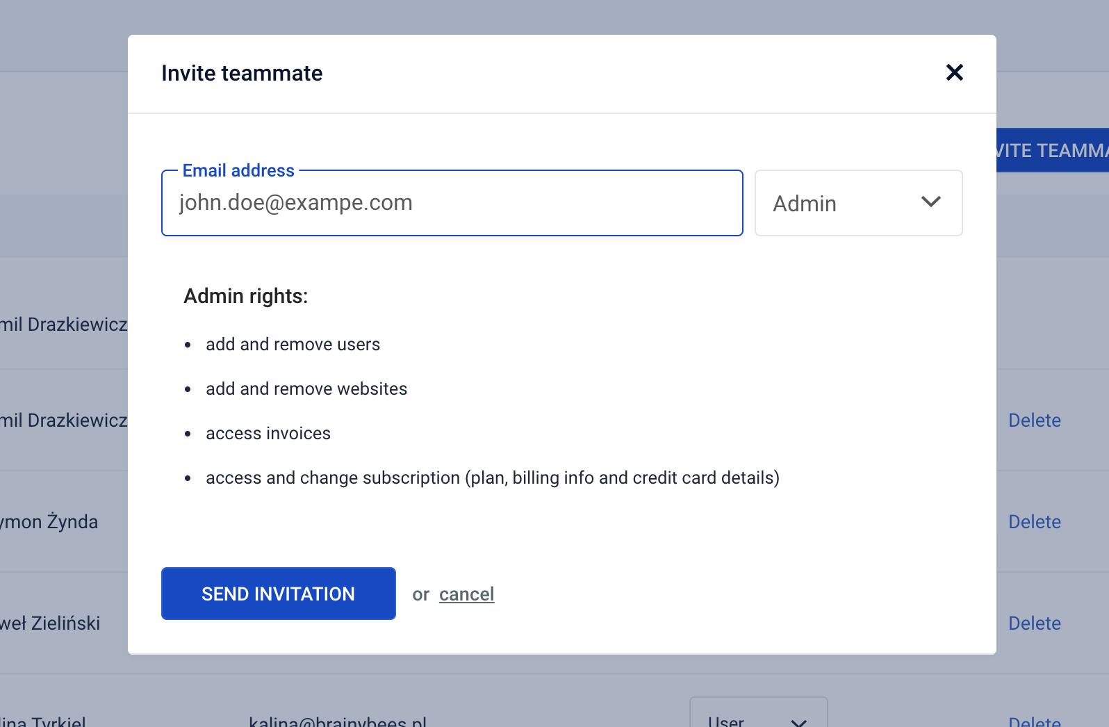User roles in app Invite your teammate