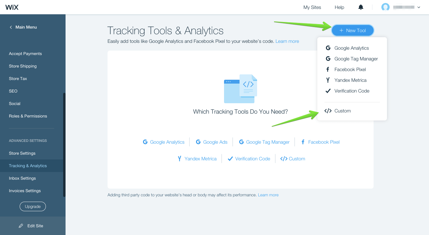 New tool > 'Custom' Wix integration