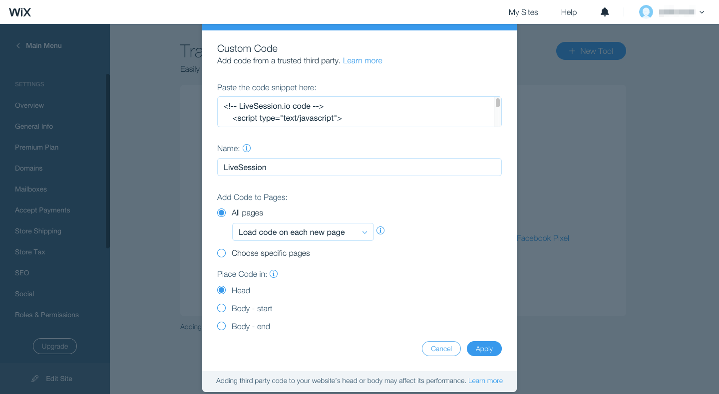 Insert your LiveSession code Wix integration