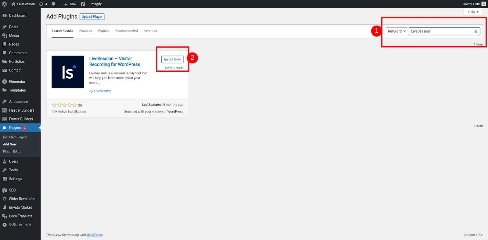 Search for LiveSession and click install Wordpress integration