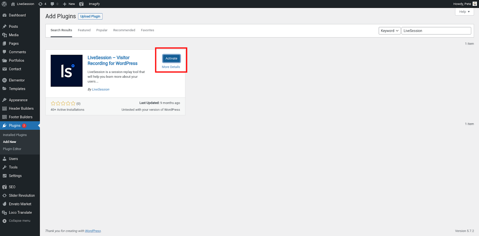 Activate plugin Wordpress integration